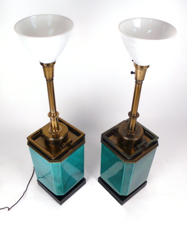 American Jade Blue Ceramic Stiffel Lamps 1950s
