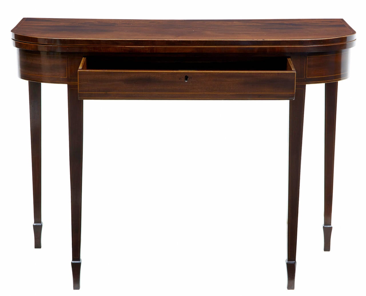 Late George III mahogany tea table, circa 1810. 

Good color and patina, inlaid and strung top. Single drawer to the front. 

Standing on tapered legs. 

Measures: Height 29 1/2