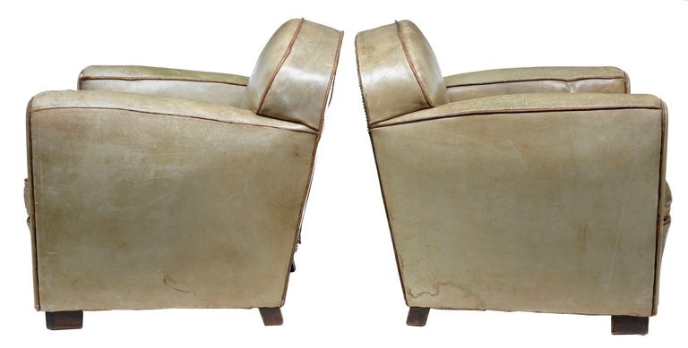 Pair Of Art Deco French Leather Club Armchairs In Distressed Condition In Debenham, Suffolk