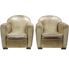 Antique Pair Of Art Deco French Leather Club Armchairs