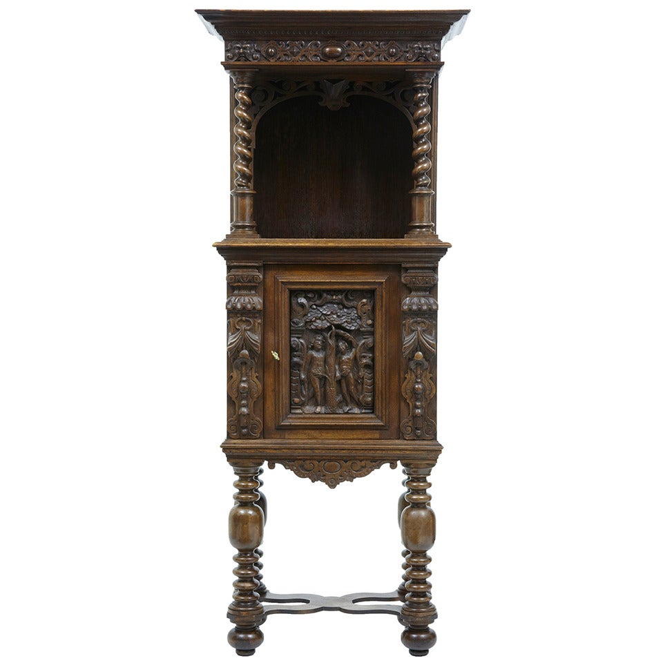 19th Century Victorian Carved Oak Hall Cupboard on Stand