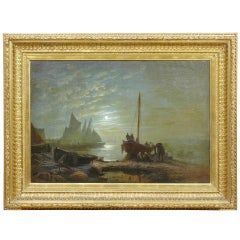 19th Century Moonlight Harbour Oil on Canvas by Albert Berg