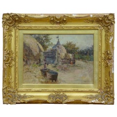 Vintage Robert McGregor Genre Oil Painting of French Village Scene