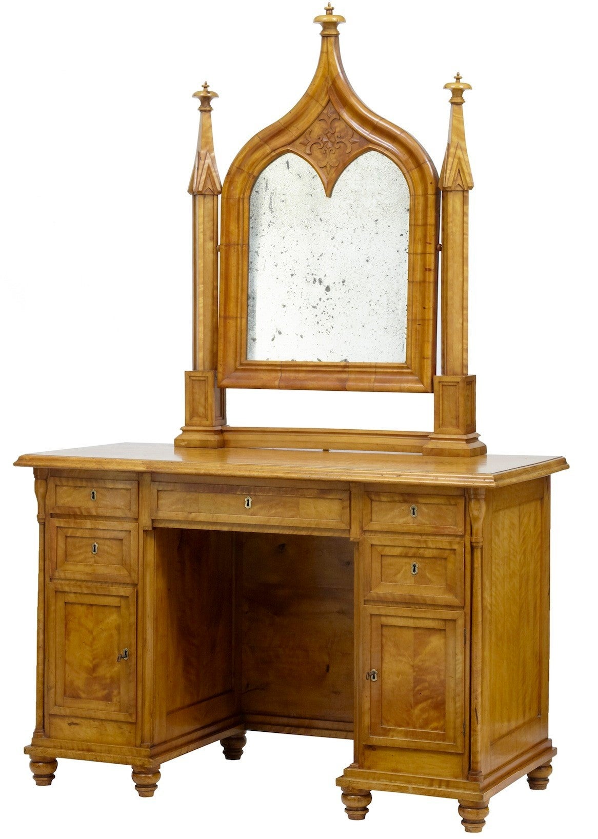 19th Century Swedish Birch Gothic Vanity Dressing Table and Mirror