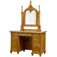 19th Century Swedish Birch Gothic Vanity Dressing Table and Mirror