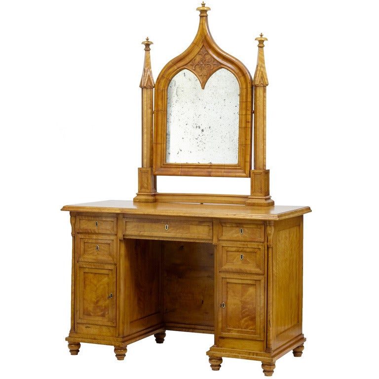 19th Century Swedish Birch Gothic Vanity Dressing Table And Mirror