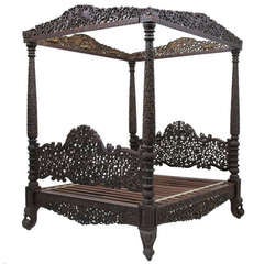 Antique Massive 19th Century Ornately Carved Solid Rosewood Four Poster Bed