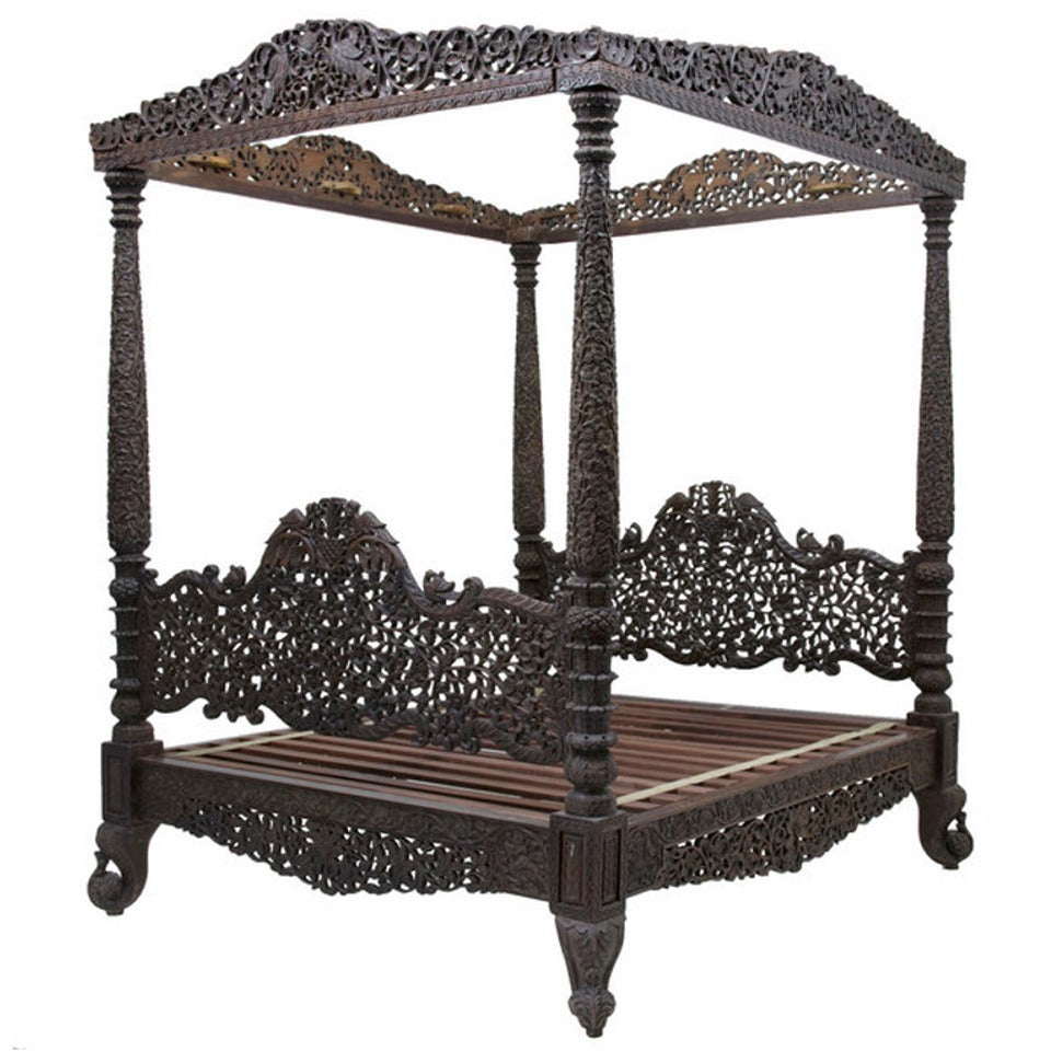 Massive 19th Century Ornately Carved Solid Rosewood Four Poster Bed