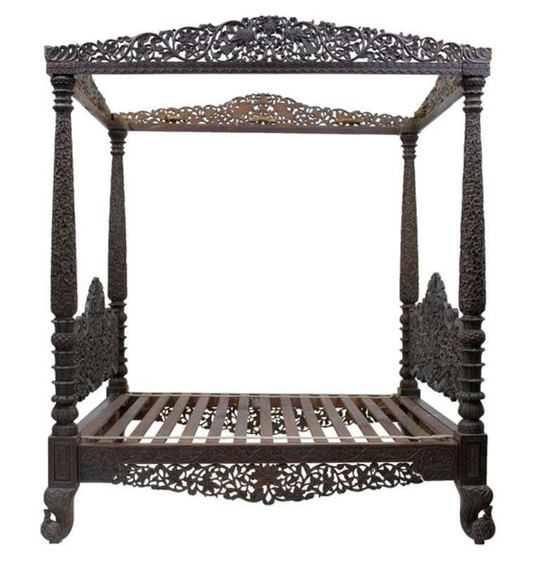 Anglo-Indian Massive 19th Century Ornately Carved Solid Rosewood Four Poster Bed