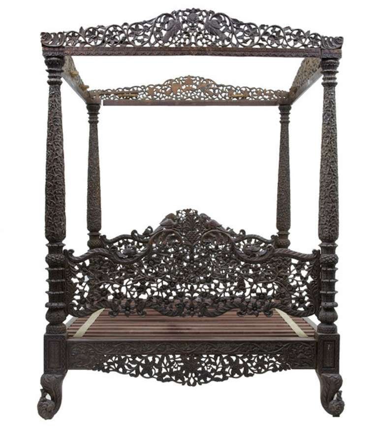 Indian Massive 19th Century Ornately Carved Solid Rosewood Four Poster Bed