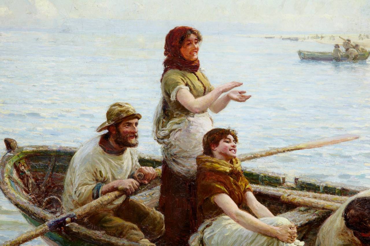 Large oil painting “A Kiss from the Sea” by Hamilton Macallum. Scottish artist associated with Newlyn school and compared with McTaggart. 

Here we have a luminous, fresh energetic and cheerful large Oil on Canvas entitled “A Kiss from the Sea” by