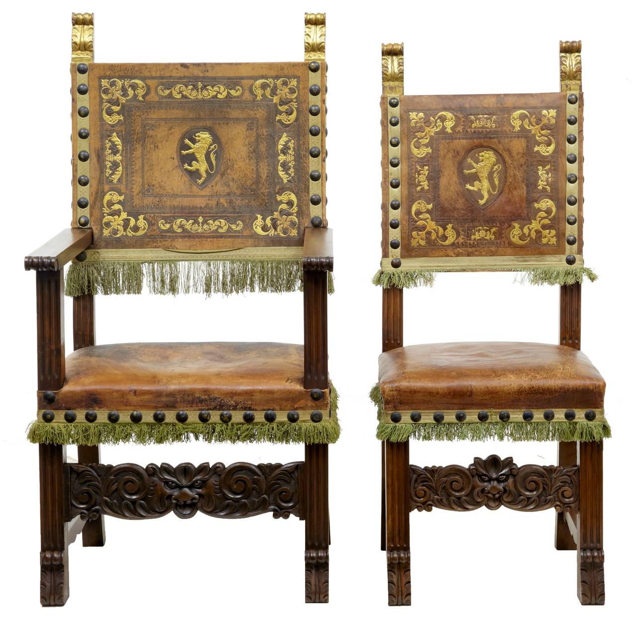 Rare Set of Ten French Carved Walnut and Leather Dining Chairs