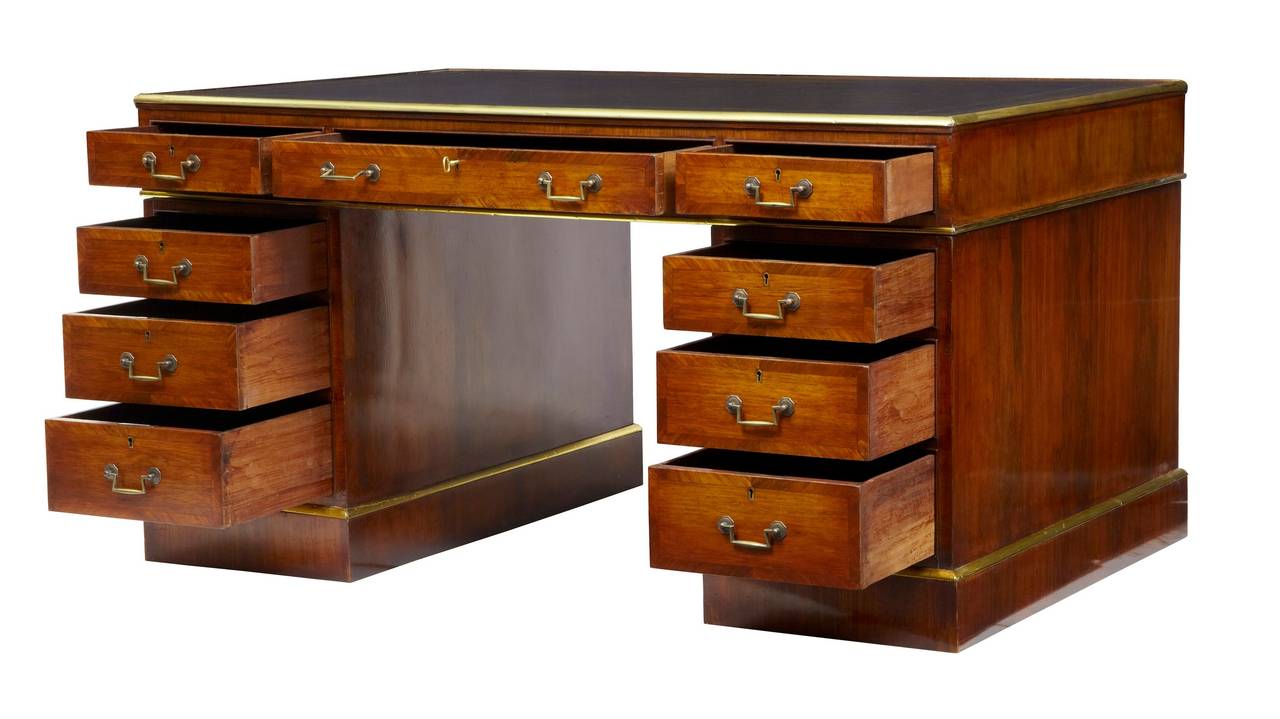 Top quality regency period pedestal desk circa 1820 

Stamped on the drawer t.Willson 66 great queen street london. Willson was regarded as a furniture broker in london 1799-1854.

Good colour and patina, brass edged around the writing surface