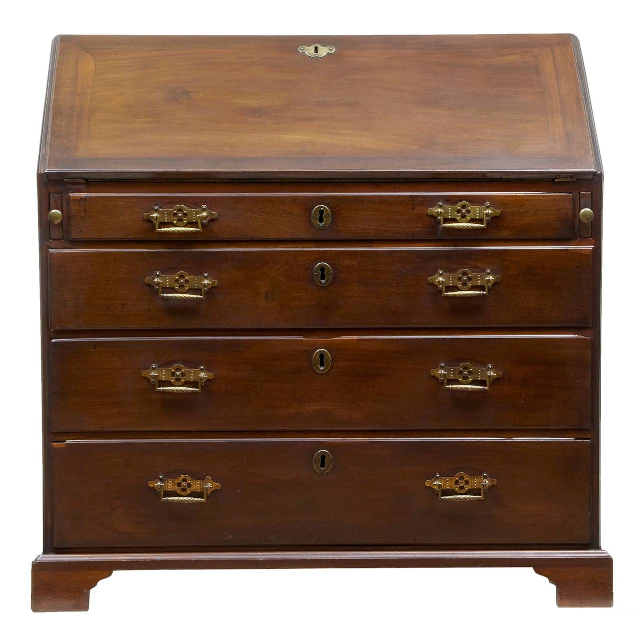 Fine mahogany bureau, circa 1790. 

Shaped and fitted interior of drawers and pigeon holes, central inlaid tabernacle compartment and secret pull-out column compartments. 

Standing on bracket feet. 

Later handles 
Measures: Height 41