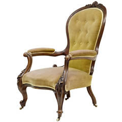 Carved Victorian Walnut Lounge Armchair