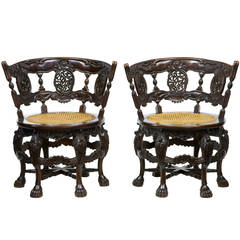 Antique Pair of Burmese Carved Hardwood Round Cane Chairs