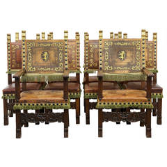 Rare Set of Ten French Carved Walnut and Leather Dining Chairs