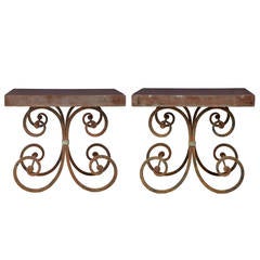 Pair of 1920s French Iron Baker Tables with Marble Tops