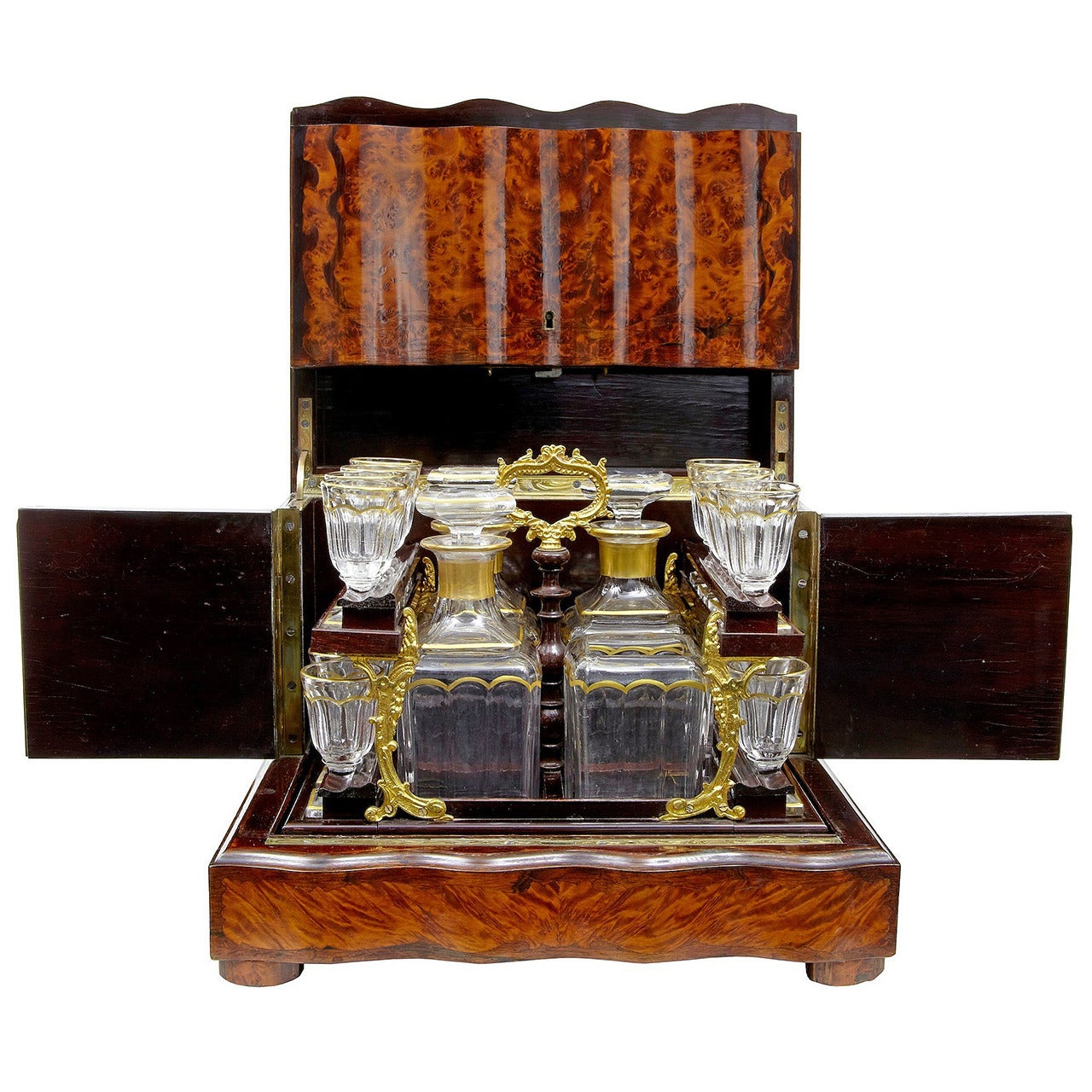 19th Century Burr Walnut Tantalus Decanter Box with Glasses