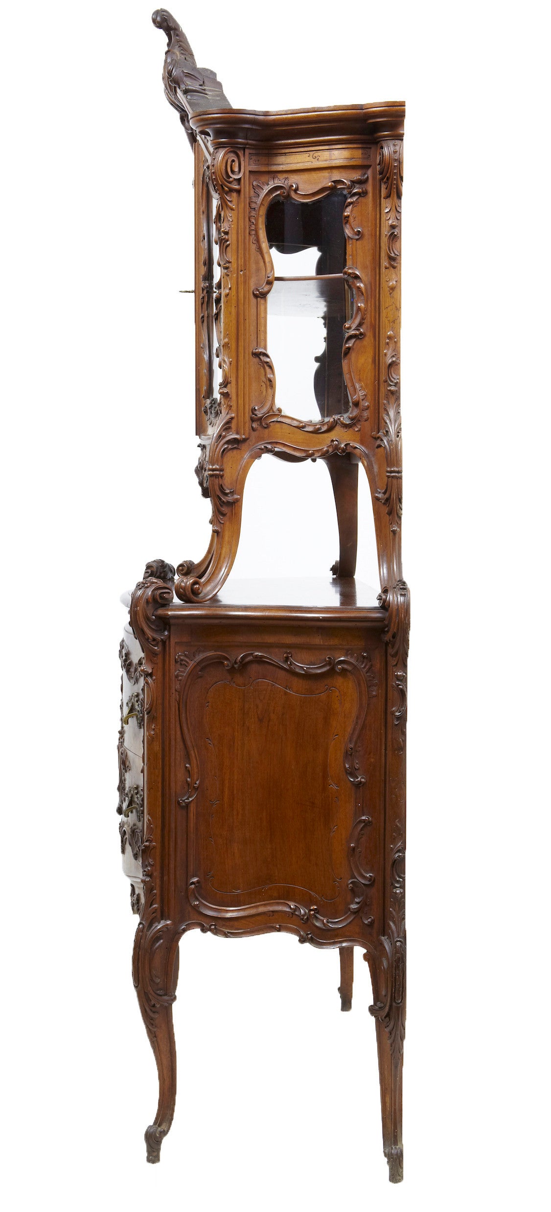 French Rare 19th Century Louis XV Influenced Carved Walnut Two-Tier Cabinet on Commode