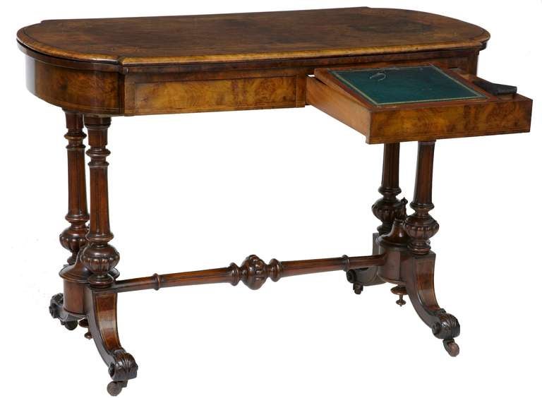 Beautiful Inlaid Walnut Card Table With Pull Out Writing Surface Circa 1870.

Inlaid To The Top And Round The Edge This Table Has The Unusual Feature Of A Pull Out Drawer Which Makes A Writing Surface. Top Twists And Opens To Blue Baize Playing