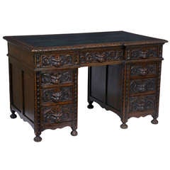 Antique 19th Century High Victorian Carved Oak Pedestal Desk