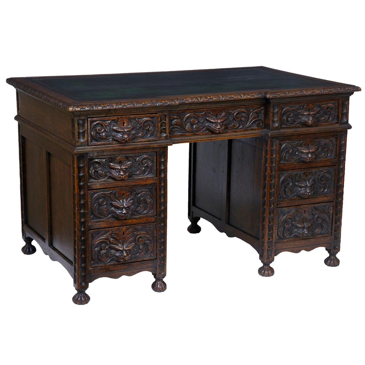 19th Century High Victorian Carved Oak Pedestal Desk