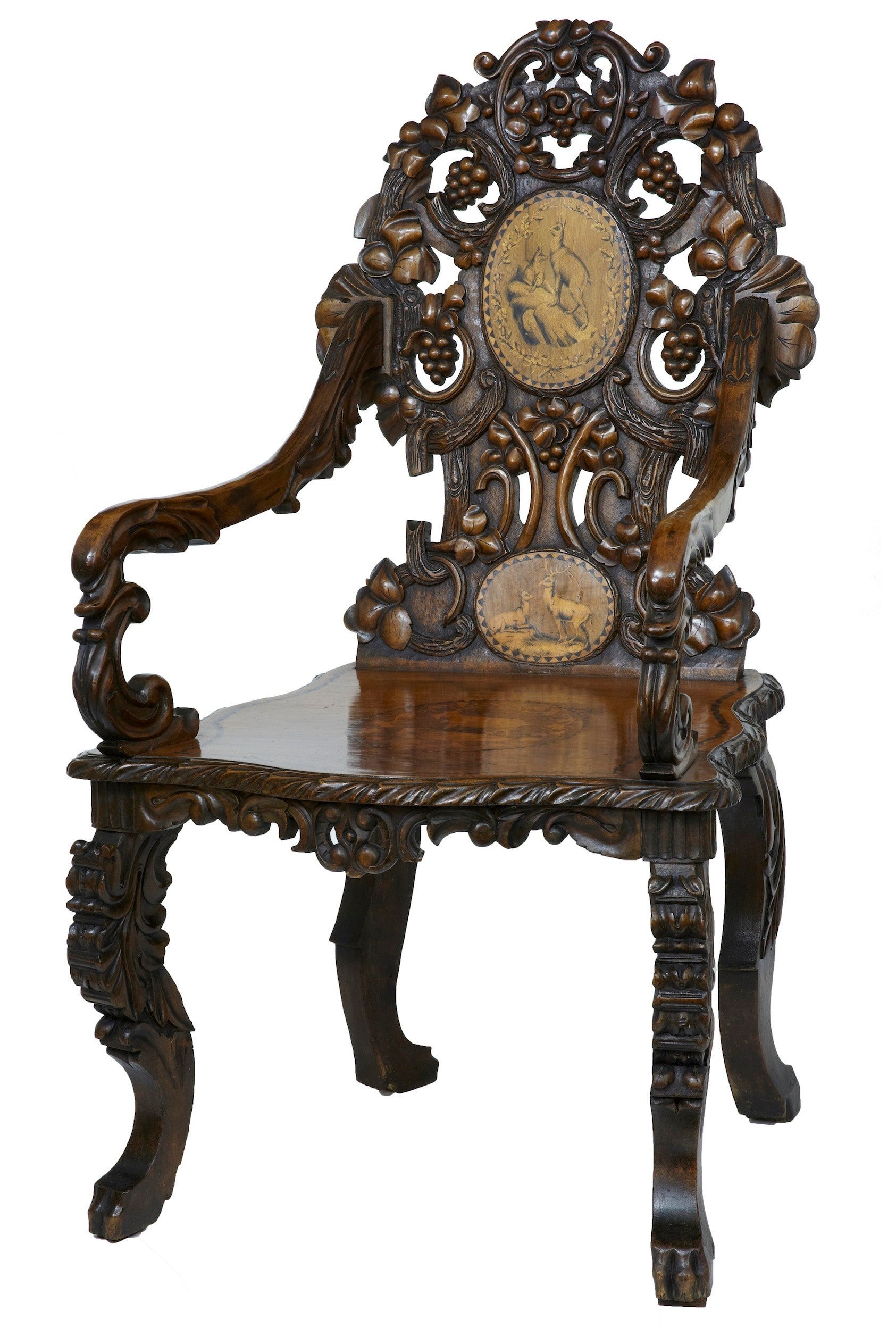 19th Century Carved Inlaid Walnut Black Forest Armchair