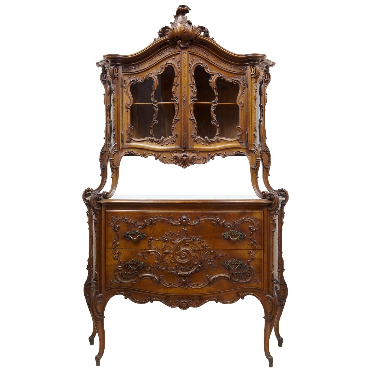 Rare 19th Century Louis XV Influenced Carved Walnut Two-Tier Cabinet on Commode