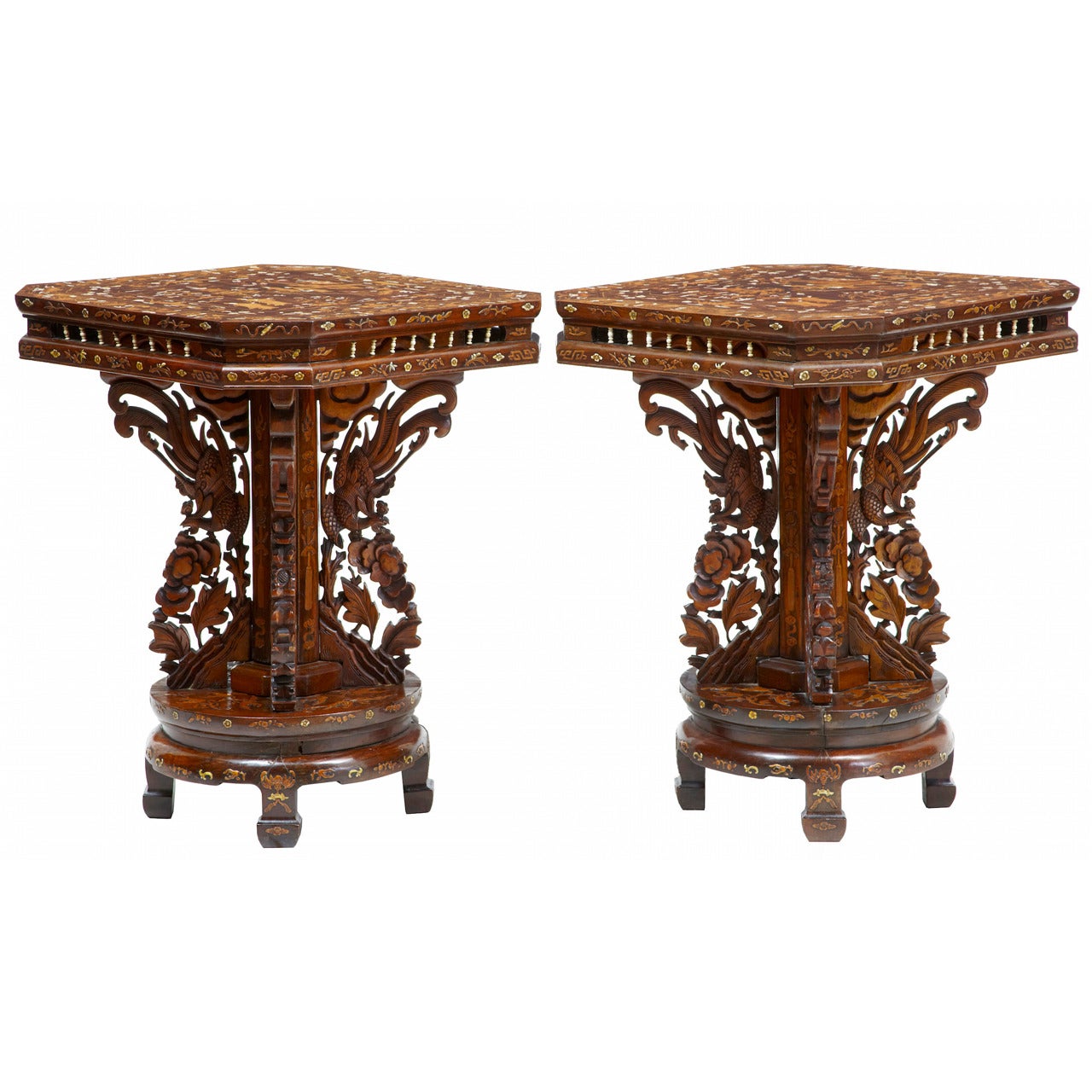 Pair of 19th Century Chinese Hardwood Inlaid Occasional Tables