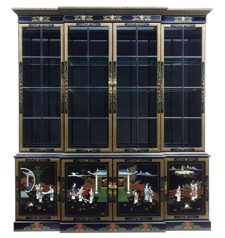 20th Century Chinese Black Laquer Hardstone Breakfront Bookcase