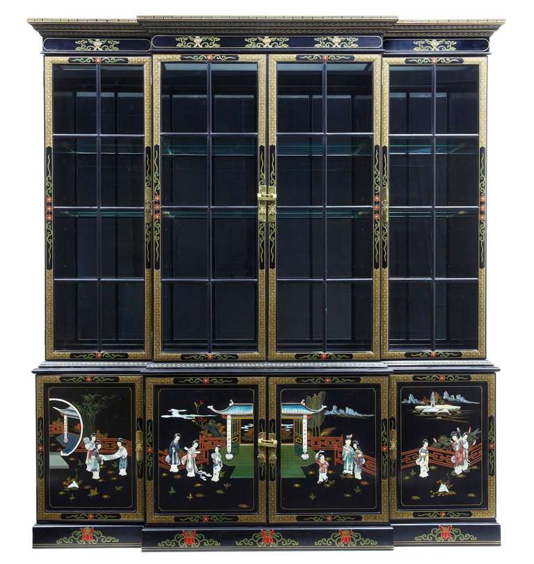 Here We A Stunning Chinese Black Laquer Bookcase Of Large Proportions.

Adorned With Coloured Hardstone Stories On The Front 4 Doors And On The Sides.

Comprises Of 3 Sections, Cornice, Glass Bookcase And Bottom Cupboard Section.

Glass