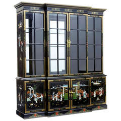 Vintage 20th Century Chinese Black Laquer Hardstone Breakfront Bookcase