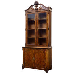 Mid-19th Century Victorian Burr Walnut Bookcase with Architectural Cornice