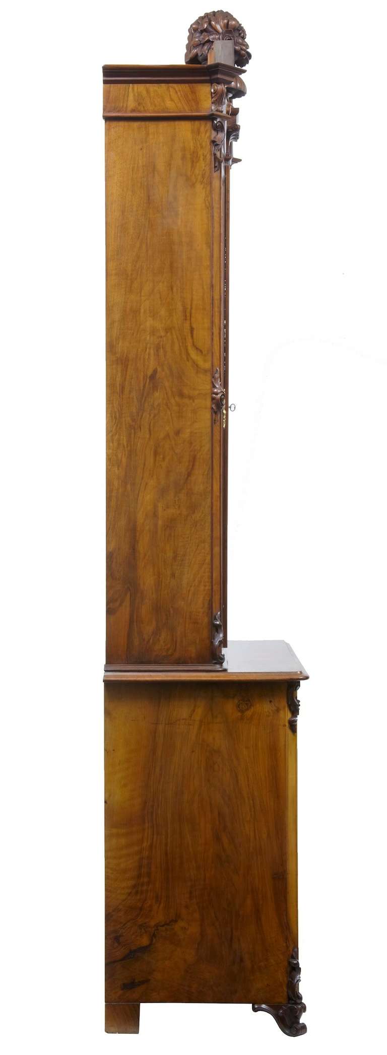 Mid-19th Century Victorian Burr Walnut Bookcase with Architectural Cornice 1