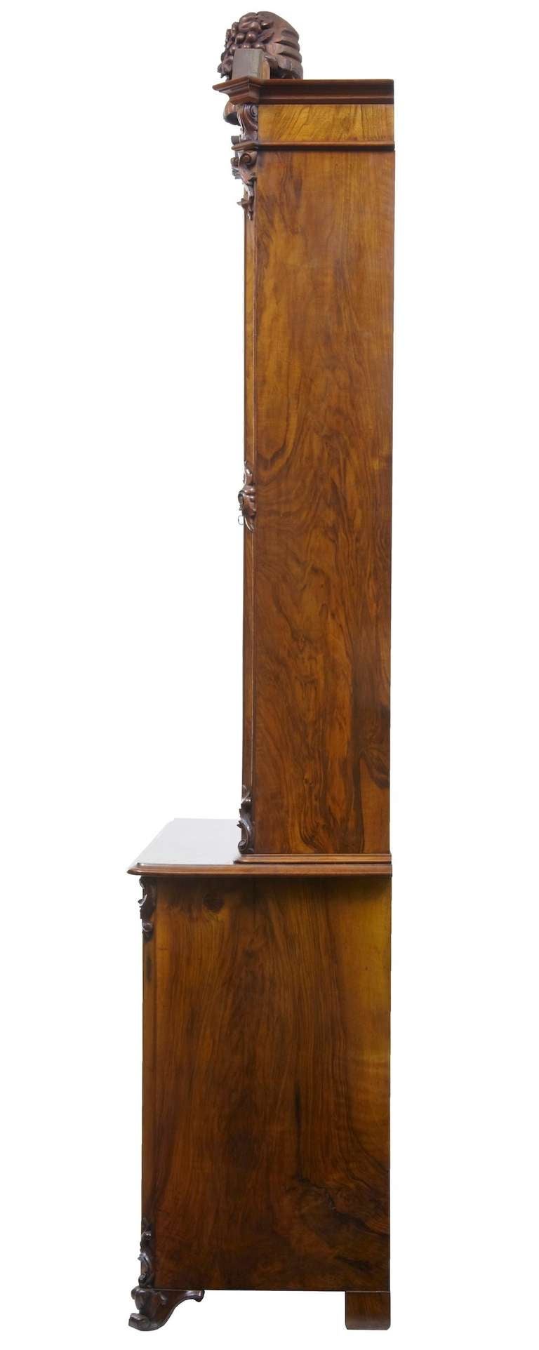 Hand-Carved Mid-19th Century Victorian Burr Walnut Bookcase with Architectural Cornice