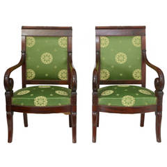 Pair of 19th Century Carved French Mahogany Empire Armchairs