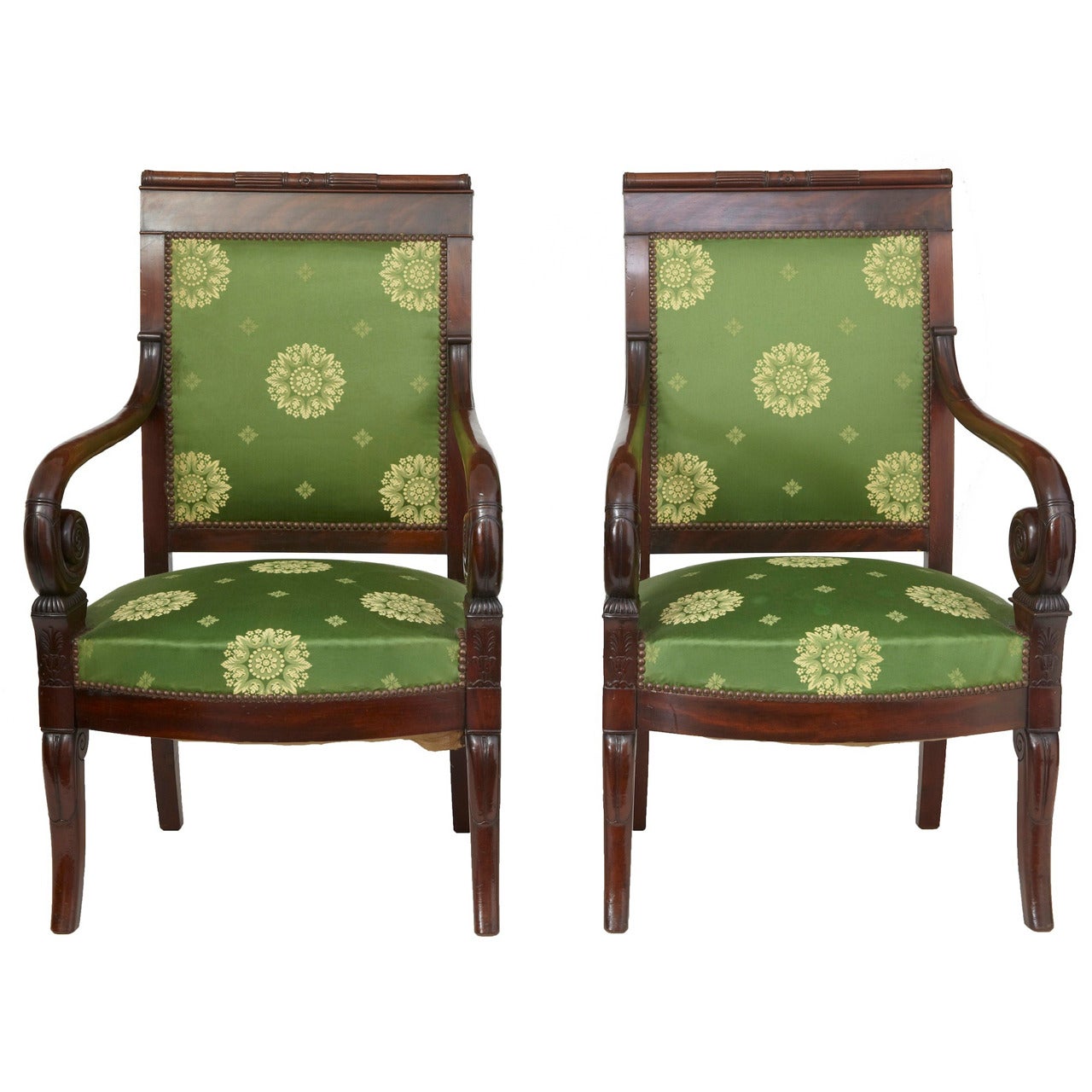 Pair of 19th Century Carved French Mahogany Empire Armchairs