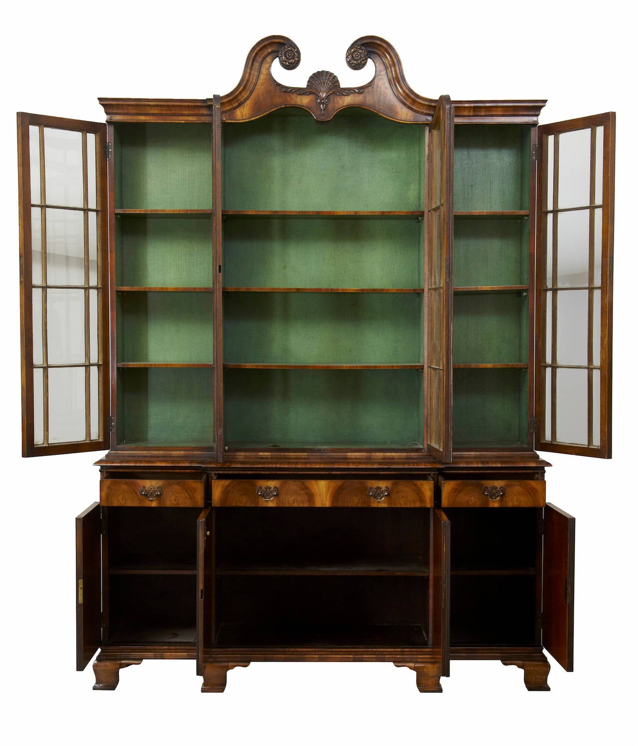 1920s Walnut Breakfront Bookcase