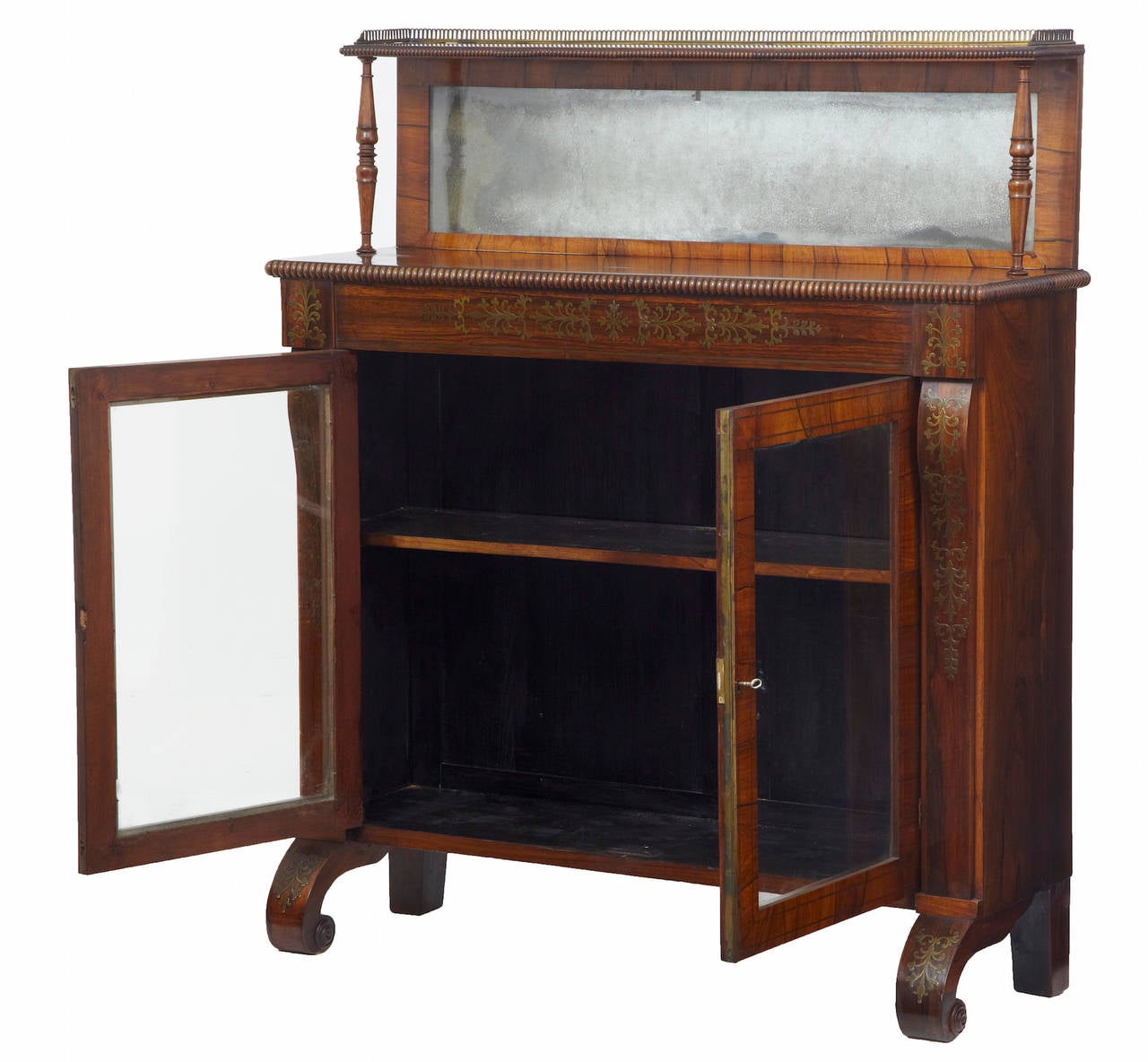 Fine quality Regency period cabinet, circa 1820. 

Two-door cabinet with single shelf, original glass and original mirror. 

Brass gallery to top tier, inlaid brass detailing to the front.

Measures: Height 47