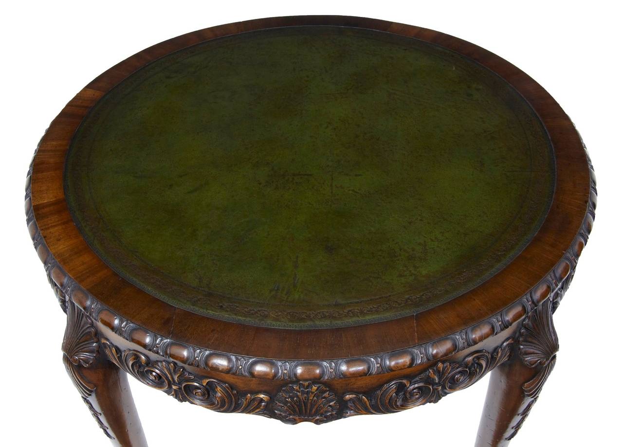 English 1920s Carved Mahogany Leather-Top Center Table