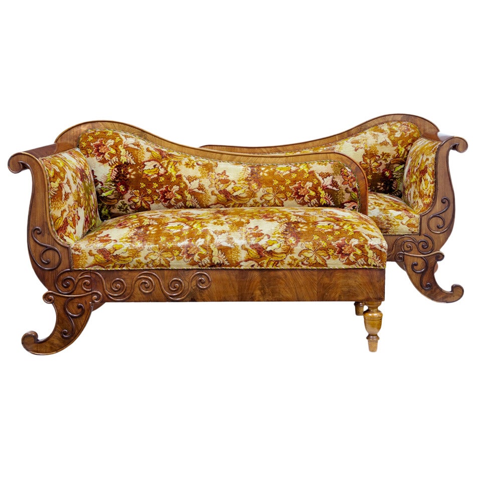 Pair of 19th Century Scandinavian Carved Mahogany Adjoining Sofas Chaises