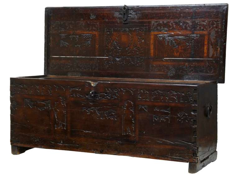 This is a rare cedar wood Cassone having rich colour and decoration. Highly prized cedar wood Cassones originated from the Alto Adige region of Northern Italy and were principally given as Marriage Chests, providing resistance to moth damage through