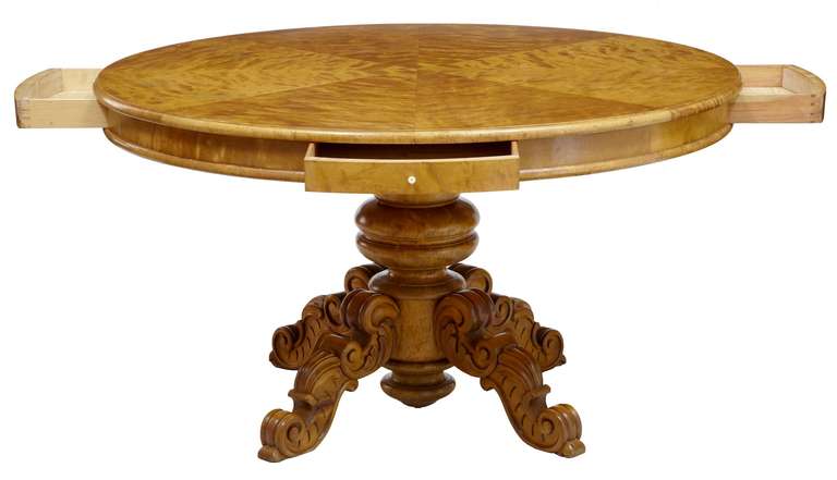 Excellent quality birch drum table with adjustable height, circa 1890

Featuring stunning segmented birch veneer to the top, four shallow drawers and a figured carved base.