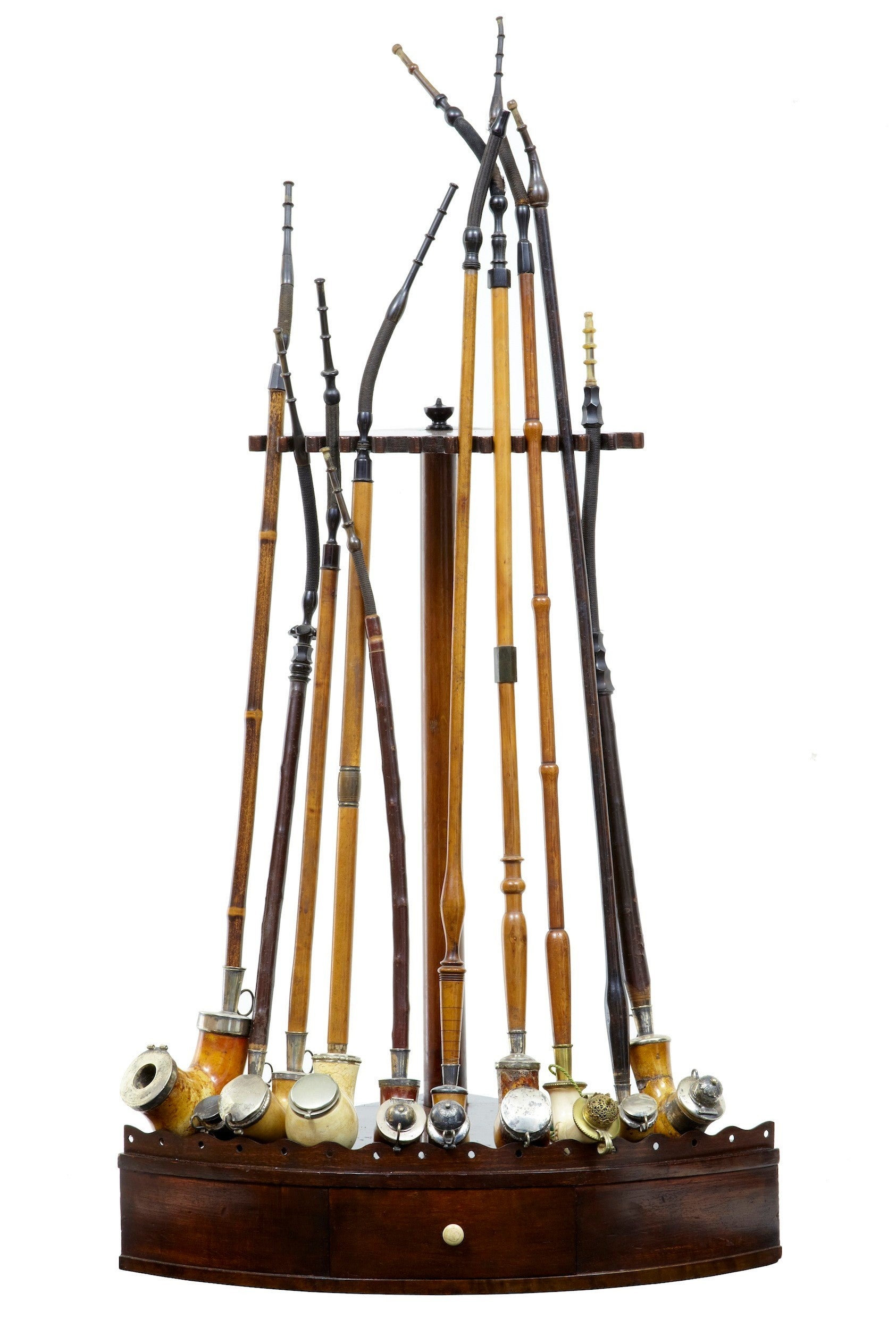 19th Century Mahogany Decorative Pipe Rack with Meerschaum Pipes