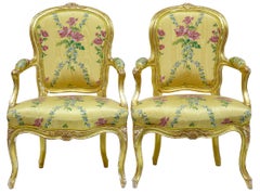 Near Pair of 18th Century Louis XV French Gilt Fauteuil Armchairs by Michard