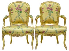 Near Pair of 18th Century Louis XV French Gilt Fauteuil Armchairs by Michard