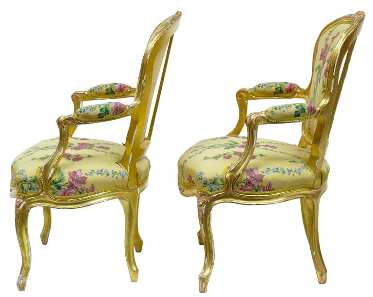 Louis XVI Near Pair of 18th Century Louis XV French Gilt Fauteuil Armchairs by Michard