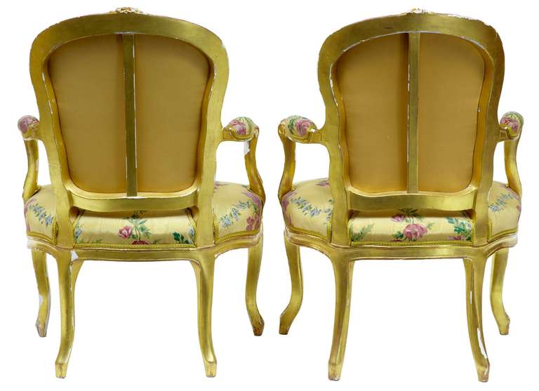 Hand-Carved Near Pair of 18th Century Louis XV French Gilt Fauteuil Armchairs by Michard