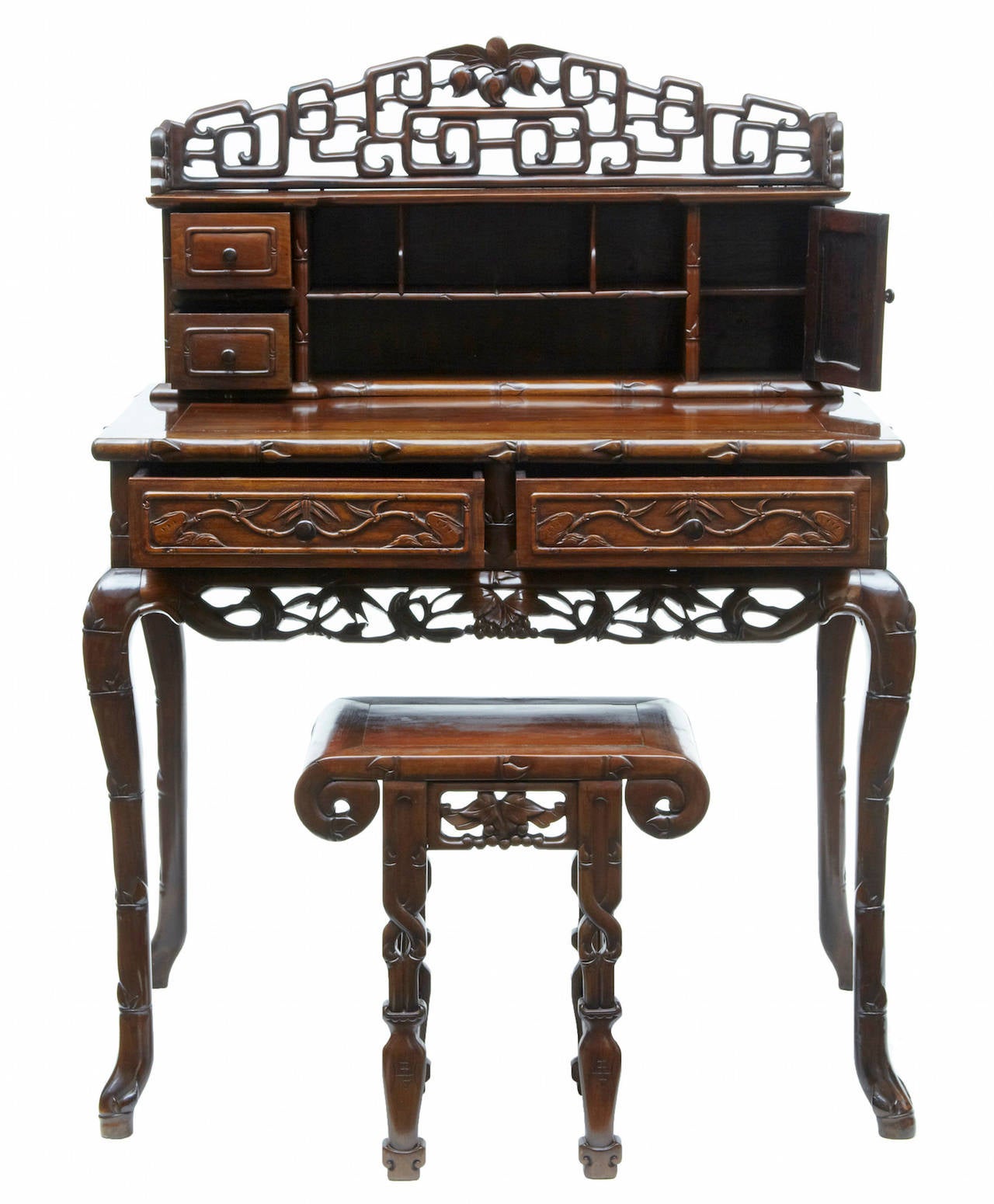 Beautiful quality hongmu desk and stool circa 1890. 

Originally together not paired up. 

2 part desk. 

Meandering pierced gallery leads down to 2 drawers, small cupboard with shelf and central pigeon holes. Excellent patina on the writing